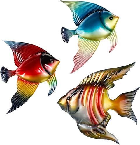 Miniatura 1 de FANWNKI Juego de 3 esculturas de metal para decoración de pared de peces para exteriores, interiores, para colgar en la piscina, hogar, porche,