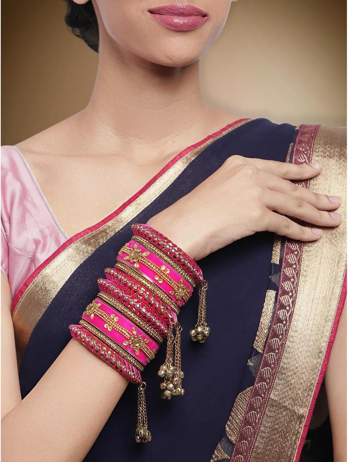 Aheli Indian Traditional Cluster Bells Hanging Valvet Wedding Bangles Chuda Set Fashion Jewelry Gift for Women - Image 2