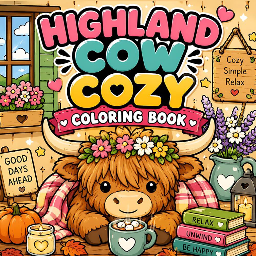 Highland Cow Cozy: Bold and Easy Scottish Cow Designs | Adorable Cozy Highland Cow Simple Illustrations and Single-Sided Sheets