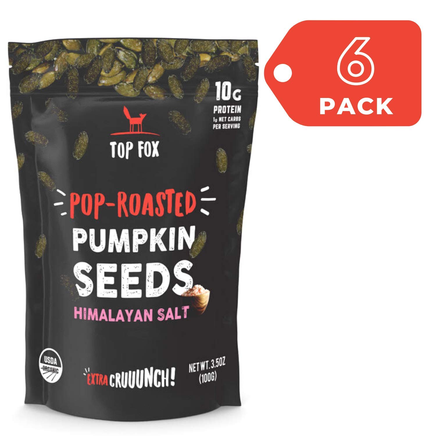 Top Fox Snacks Pumpkin Seeds to Eat (Himalayan Pink Salt, 3.5 oz – 6 Pack) - Gluten Free Snacks, Protein Snacks, Keto Friendly Snacks, Allergen Free Snacks, Paleo & Vegan - Organic Pop-Roasted