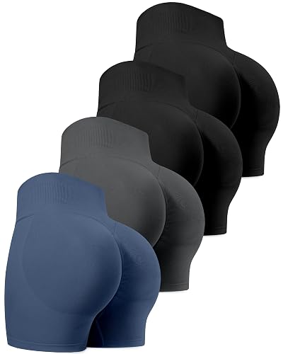 CHRLEISURE Workout Shorts for Women, High Waisted Butt Lifting Scrunch Sports Seamless Gym Shorts Set - Medium - 4 Packs (Black, Black, Dark Gray, Navy)