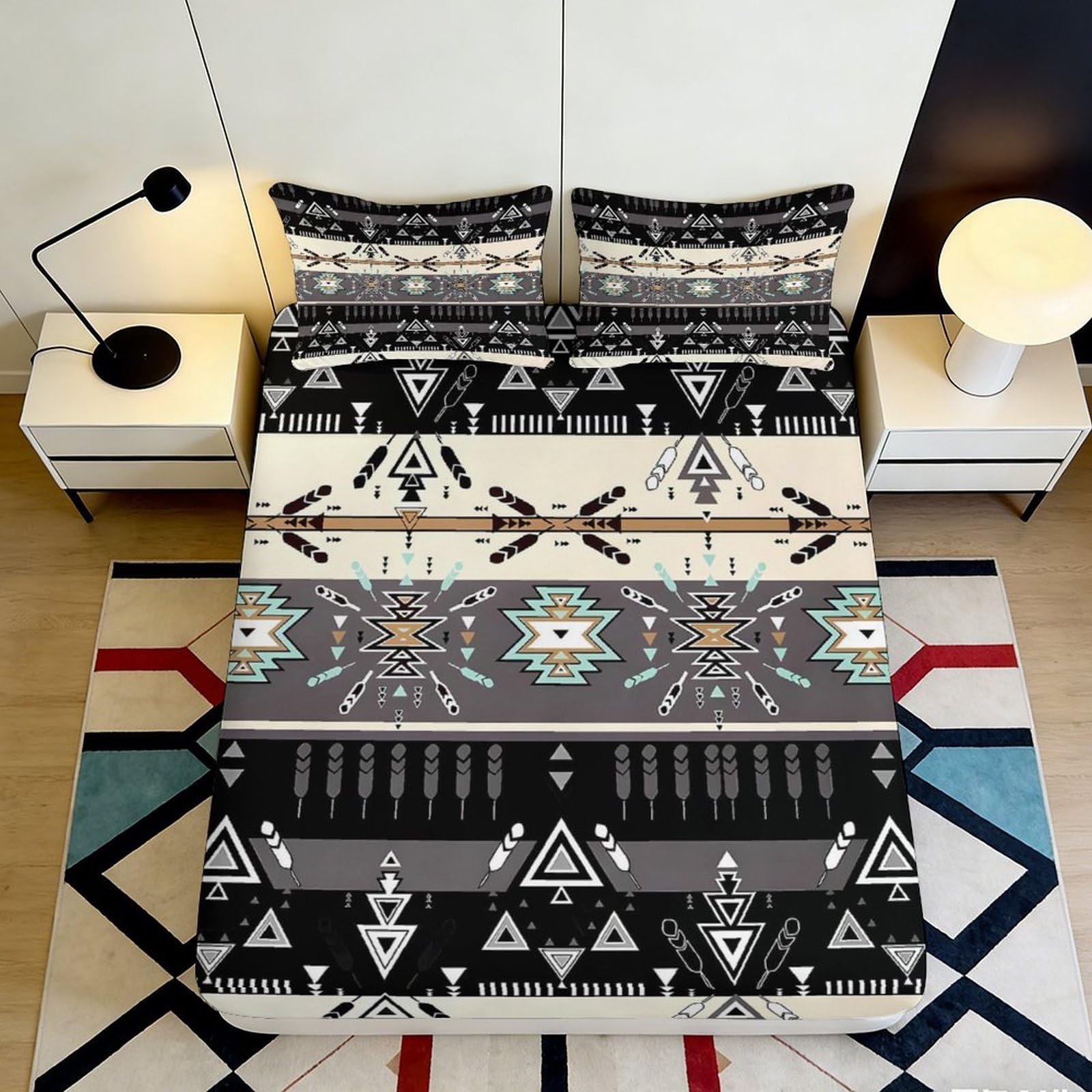 3D Printed Tribal Geometric Fitted Sheet Microfiber Soft Anti-Slip Ethnic Pattern Mattress Cover Bedroom Decor 180x200x25cm
