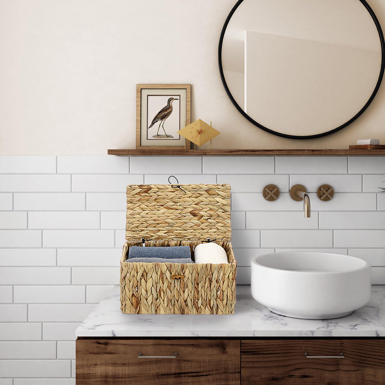 OGANAZI Cajas de mimbre de jacinto de agua natural, cestas de almacenamiento de mimbre tejido con tapas, cestas de almacenamiento para baño, dormitorio, cocina, oficina, 31 x 18 x 16 cm (mediana)