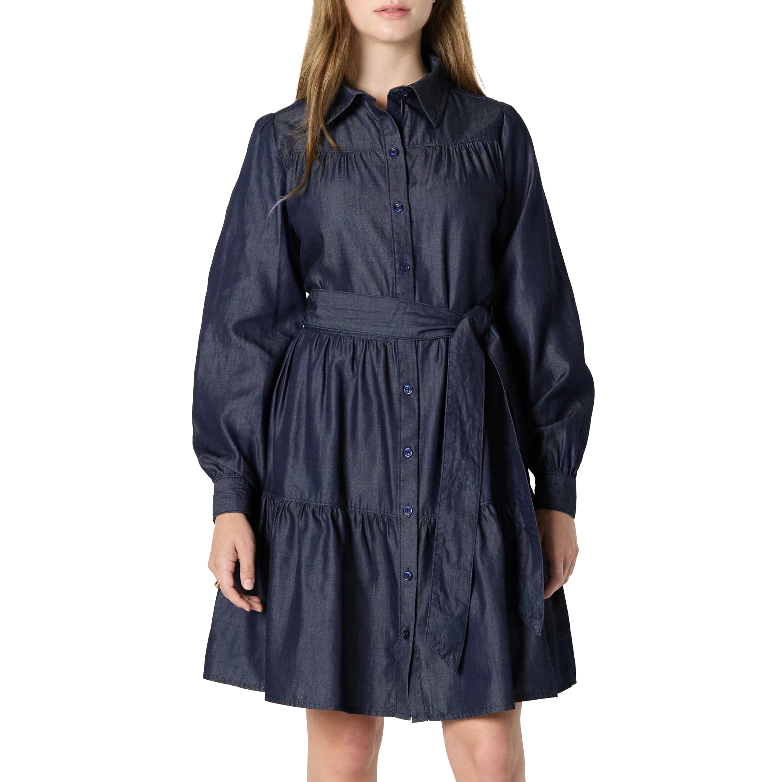Amazon Essentials Women's Fit and Flare Denim Chambray Long-Sleeve Tiered Shirtdress, Rinse, X-Large
