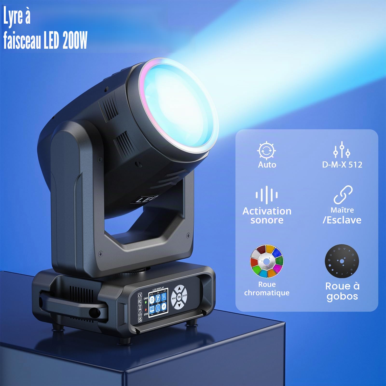 Lyre LED Beam 200W, Zoom Électronique 18 Prismes 11+1 Couleurs et 14+1 Motifs Effet D'atomisation LED RGB d-mx512 (16CH) pour Scène Mariage DJ Fête de Noël