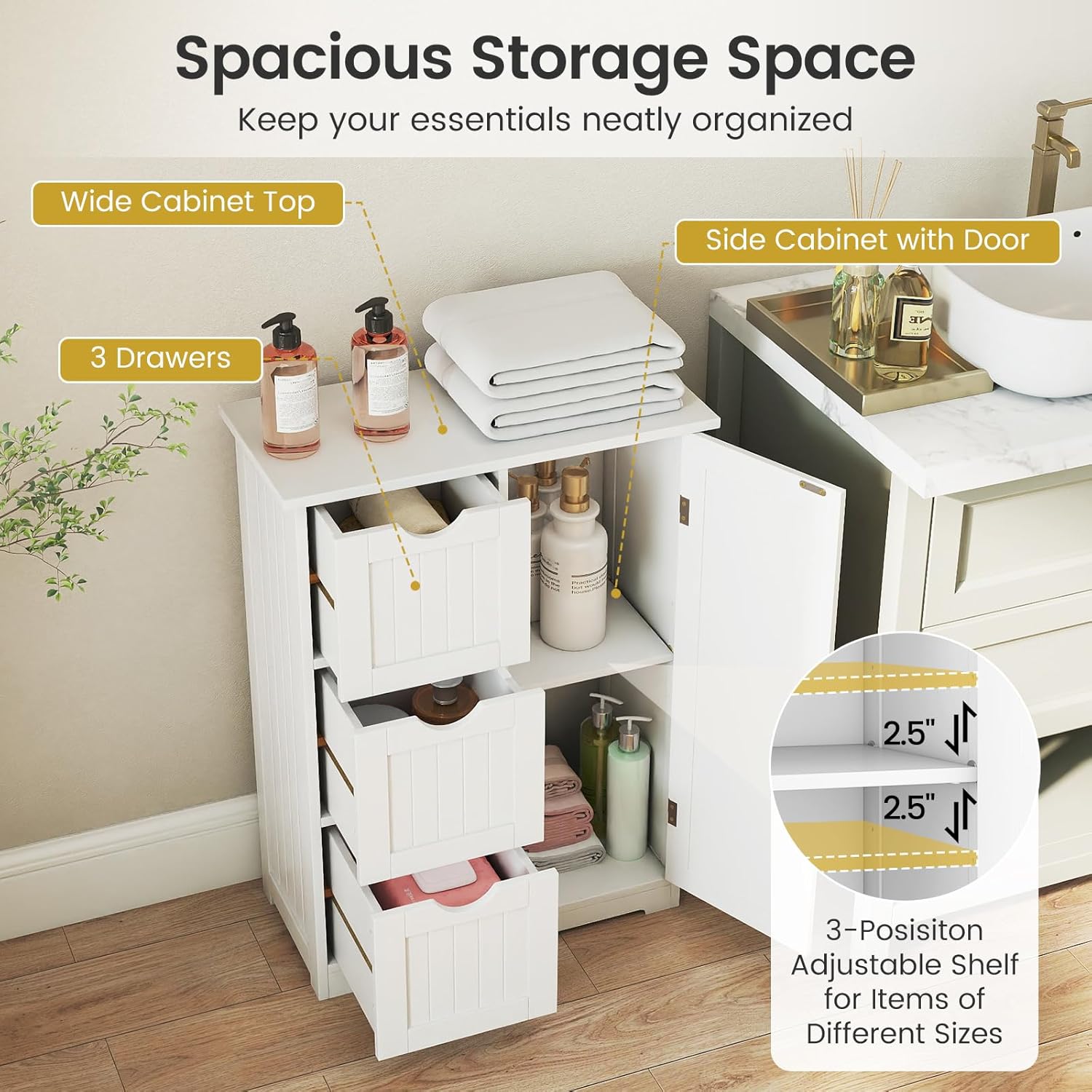 Tangkula Bathroom Floor Cabinet, Freestanding Storage Cabinet with 3 Drawers & Single Door, Adjustable Shelf, Multipurpose Bathroom Storage for Home Office, 23.5 x 12 x 32 Inches (3 Drawers, White)