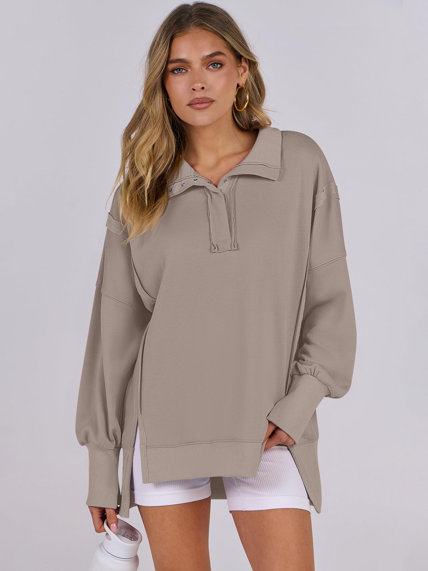 ANRABESS Women's Sweatshirts Oversized Casual Loose Button Up Henley Pullover Top High Low Split 2025 Fall Fashion Outfits