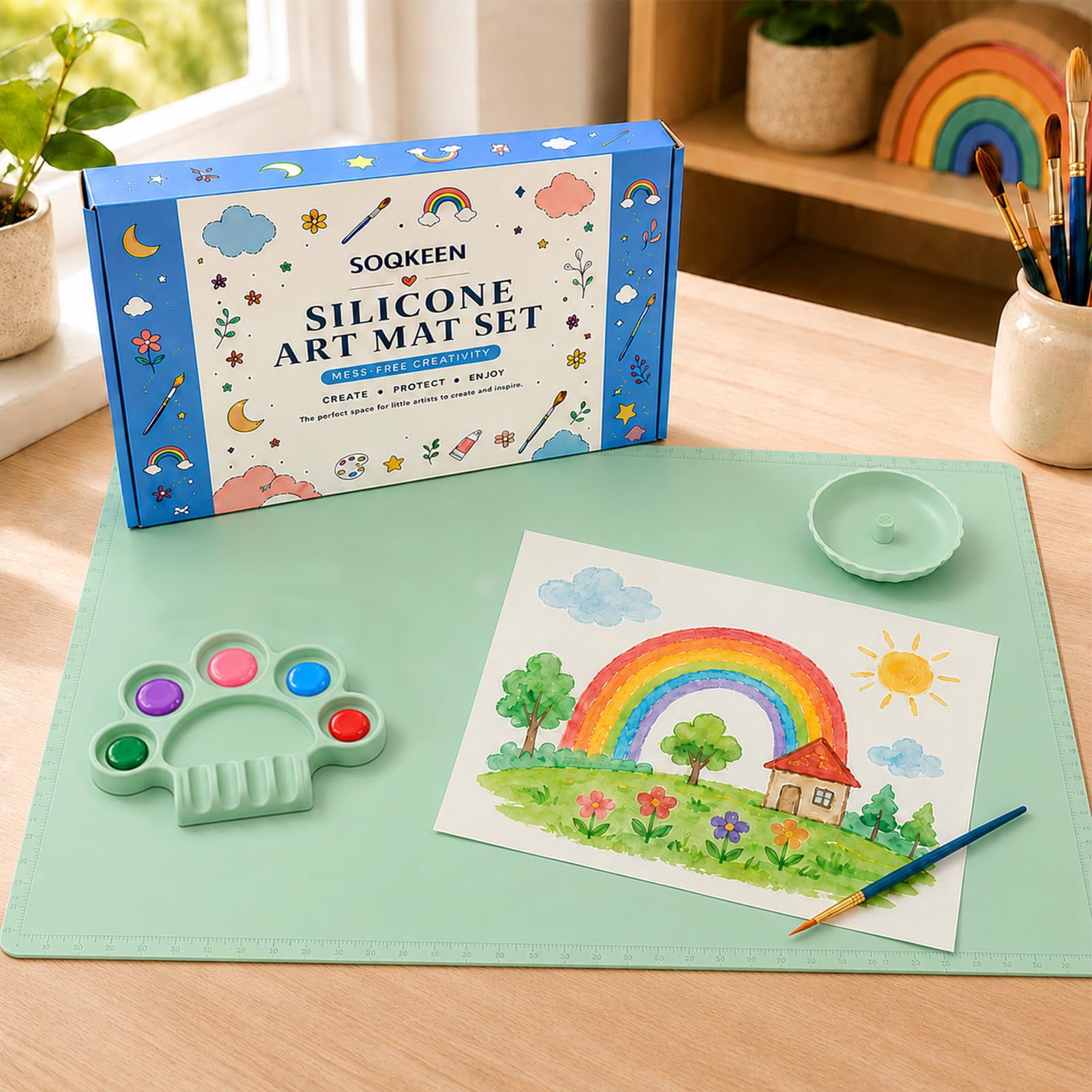 SOQKEEN Silicone Painting Mat Set with Palette & Brush Cup, Mint Green — image 1