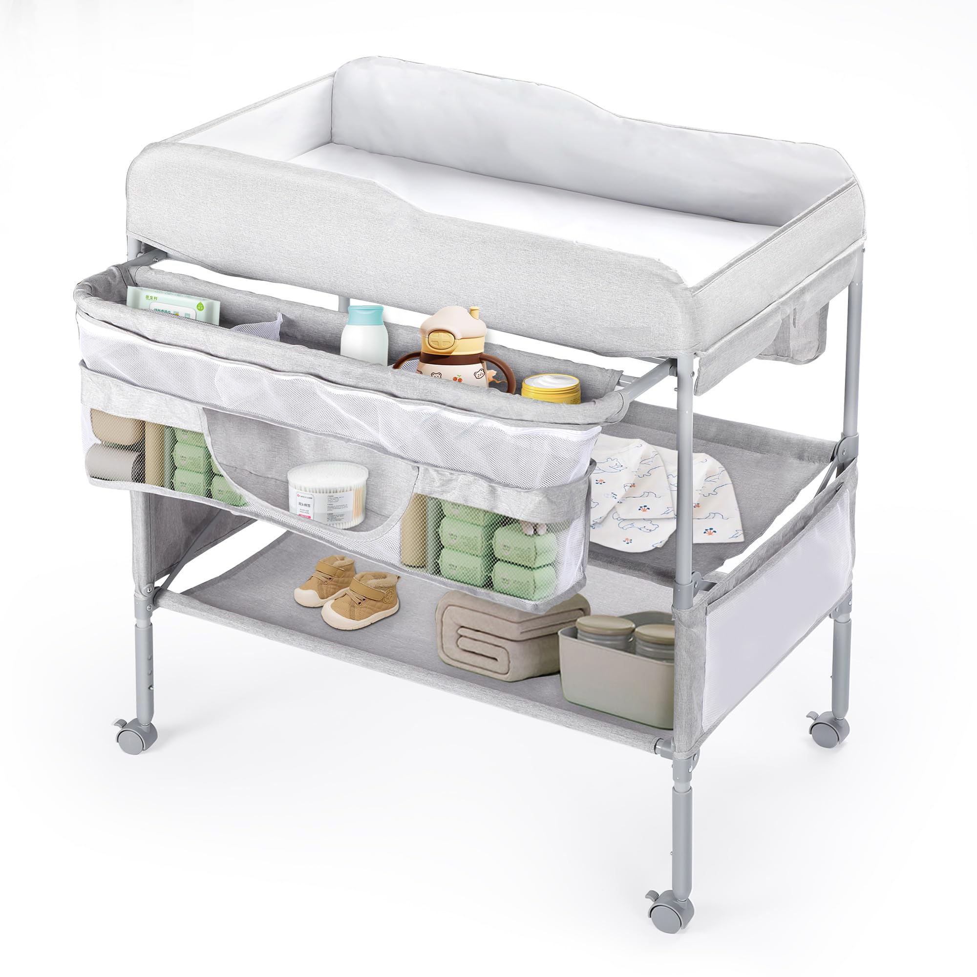 Portable Baby Changing Table, Foldable Diaper Changing Station with Waterproof Pad, Mobile Nursery Organizer for Infant & Newborn Essentials, Grey