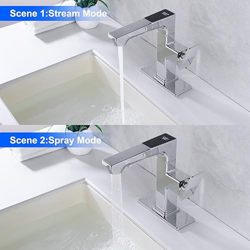Miniatura 5 de Mekoly Grifo de lavabo de baño LED, grifo de baño cromado con rociador extraíble, pantalla digital de temperatura, una sola manija, grifos de