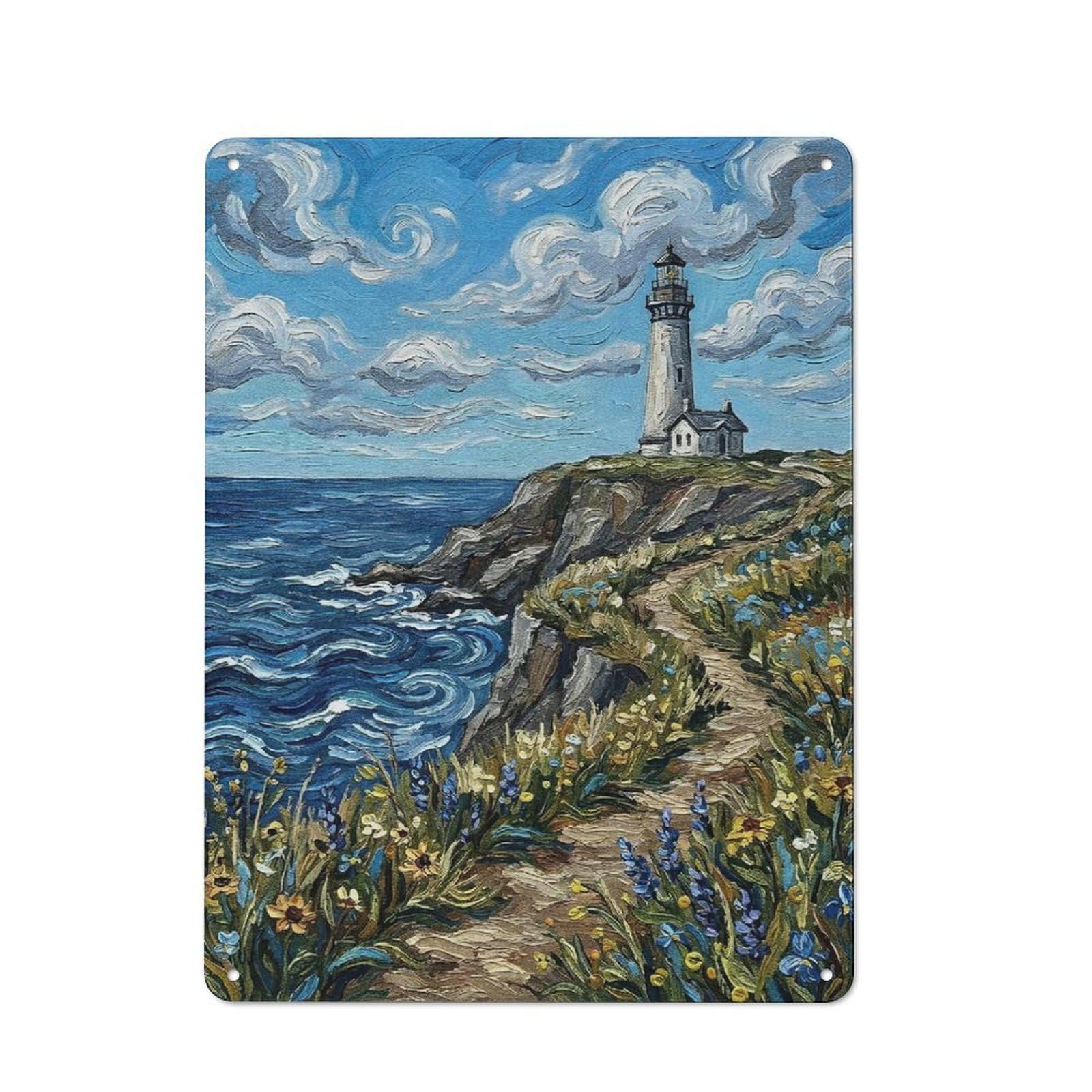 Junmoney Style-12 Vintage Metal Plaque 40X30cm Featuring Lighthouse On A Cliff Overlooking The Ocean, Diner Style Decor For Restaurant, Kitchen, Counter Or Breakfast Nook