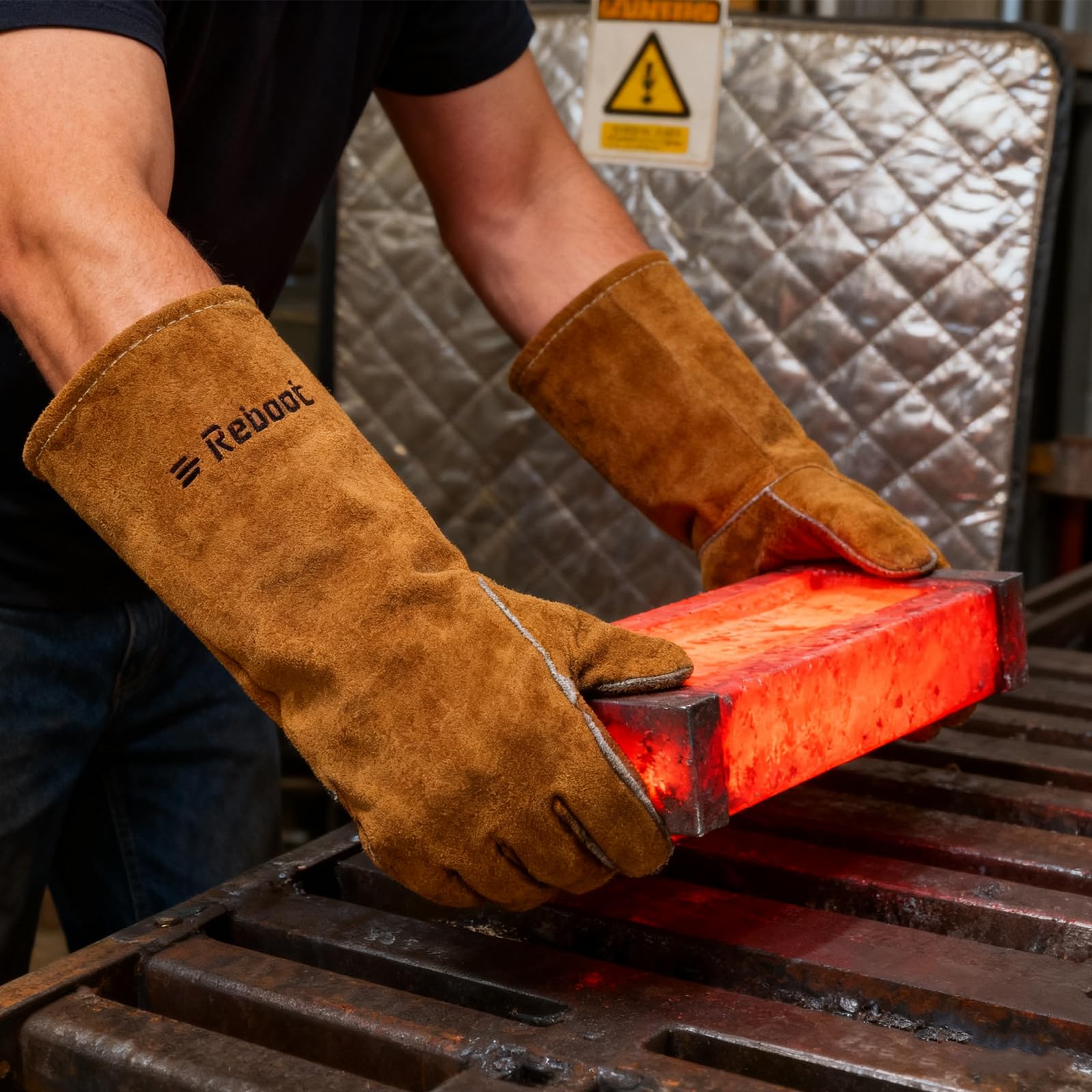 Reboot Gants de Soudage Résistants à la Chaleur Anti-Feu - Pour Brûleurs à Bois, Cuir Fendu de Vache, Gréeur, Barbecue, Four à Bois - 16"