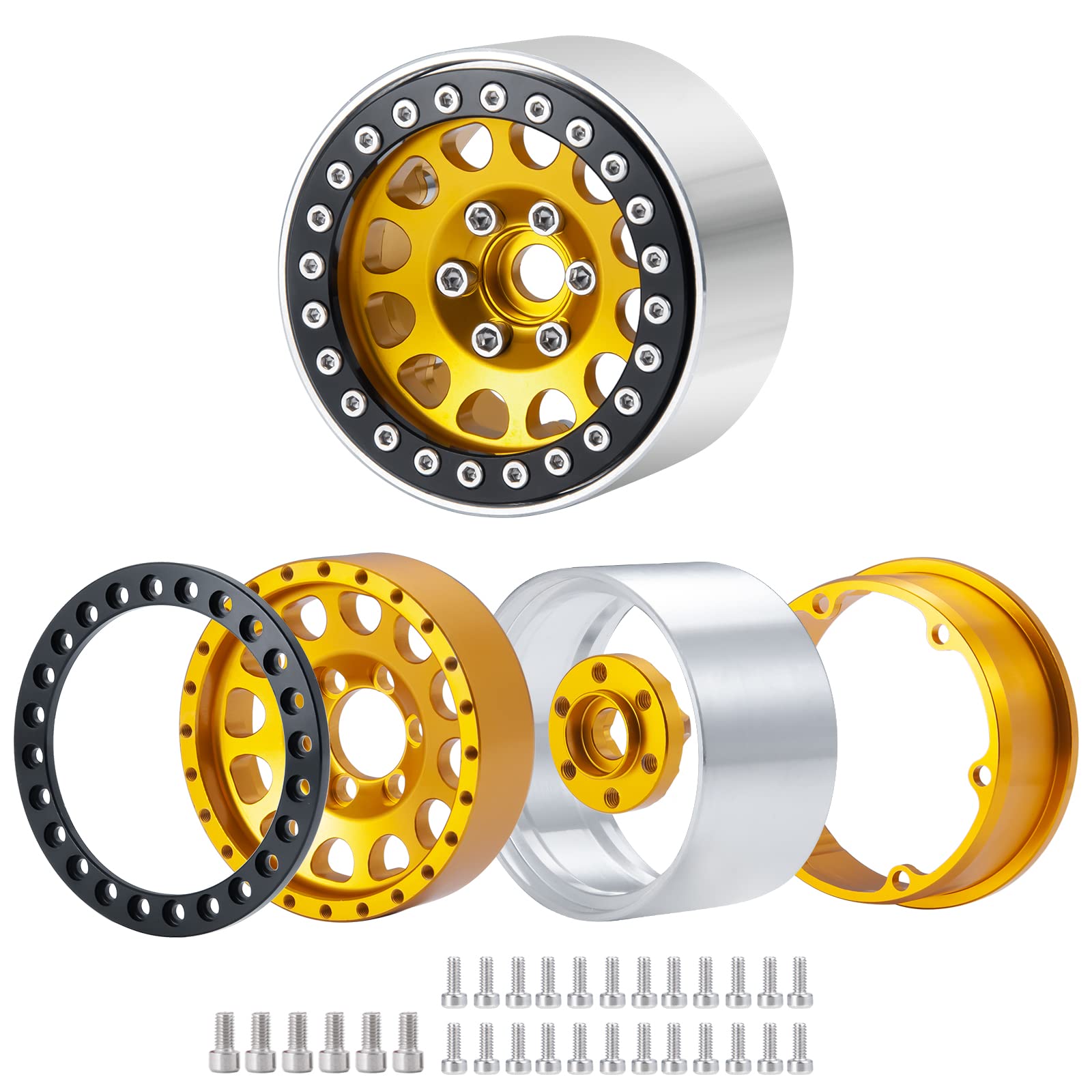 Runup Zestaw 4 metalowych obręczy kół 1,9, szerokość 35 mm, piasta koła do osiowych SCX10 SCX10 II 90046 SCX10 III AXI03007 TRX4 Gen8 1/10 RC Crawler (złoty)