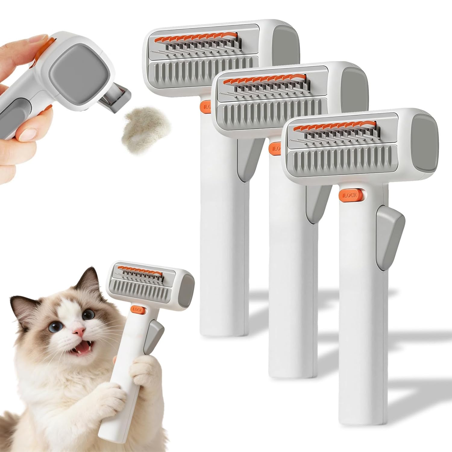 2-in-1 Pet Self-Detangling & Grooming Comb, One-Touch Switch Gentle Dematting Comb for Cats, Undercoat Rake for Cats, Self Grooming Cat Brush Deshedding Tool for Mats Tangles Loose Fur (3PCS)