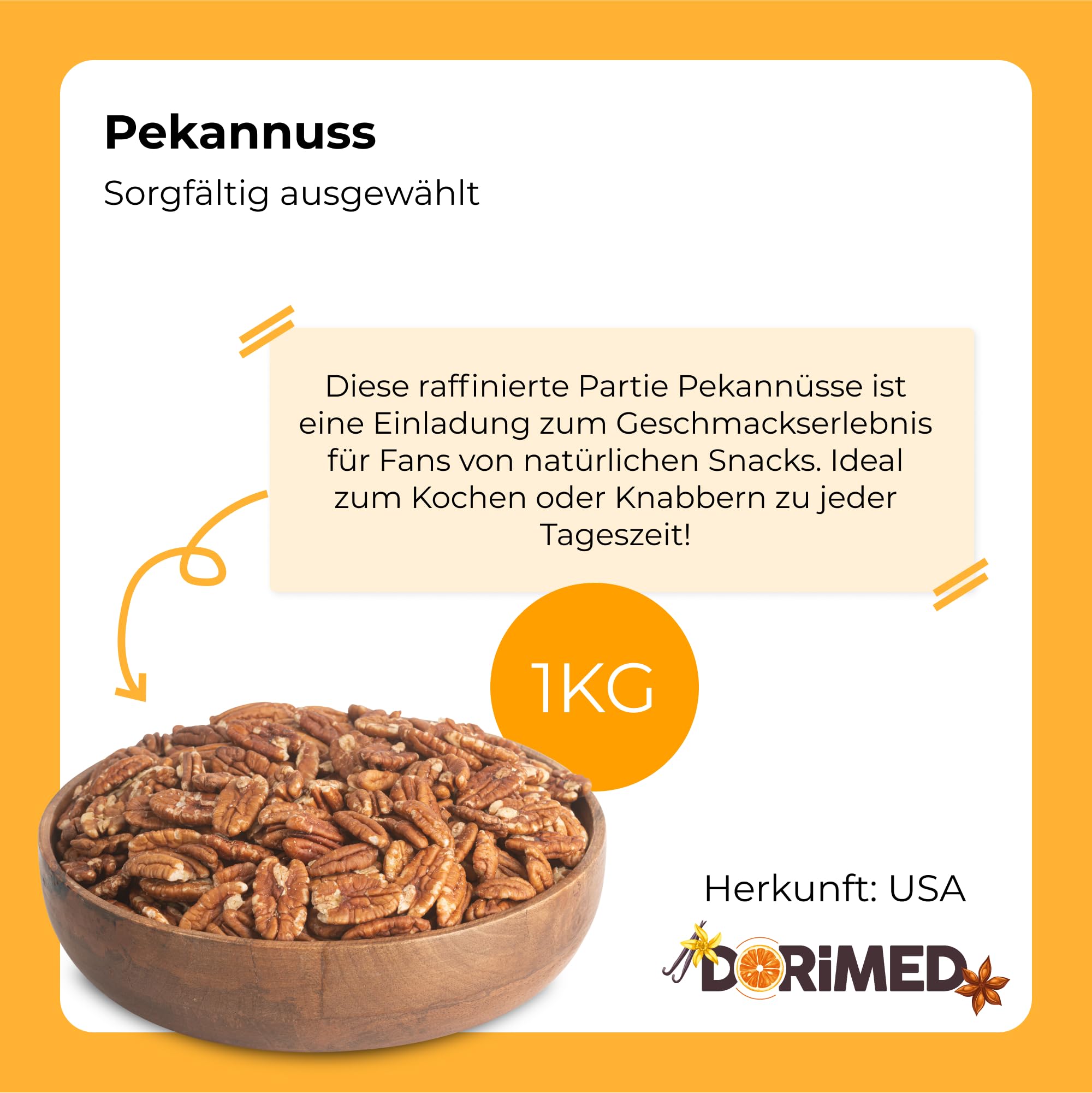 Pekannüsse naturbelassen | 1 kg Pekannusskerne, Nusshälften geschält, natürlichen Ursprungs | ungesalzen, roh, zuckerfrei | geeignet für Vegetarier und Veganer | ohne Gentechnik hergestellt | Dorimed
