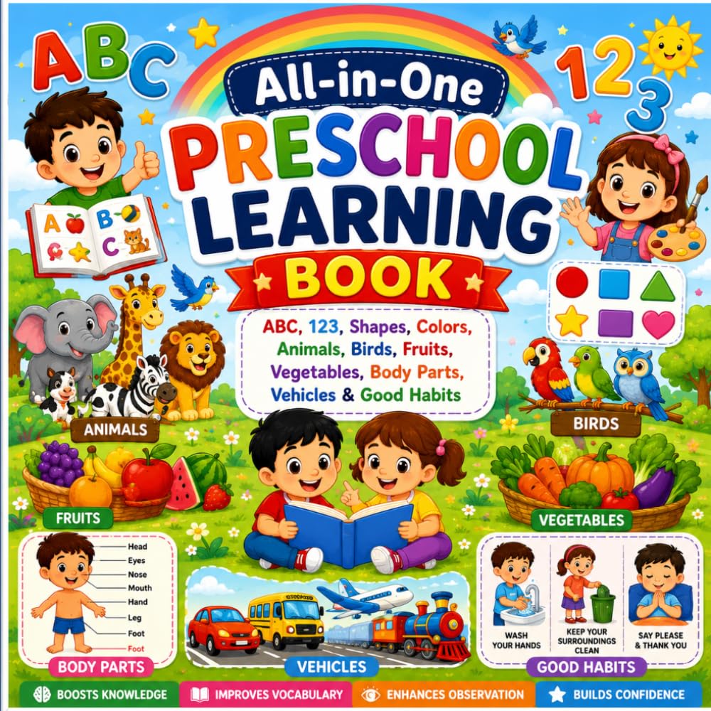All-in-one Preschool Learning Book: Fun with Alphabet, Numbers, Shapes, Colors, Fruits, Vegetables,Animals, Birds, Vehicles and More