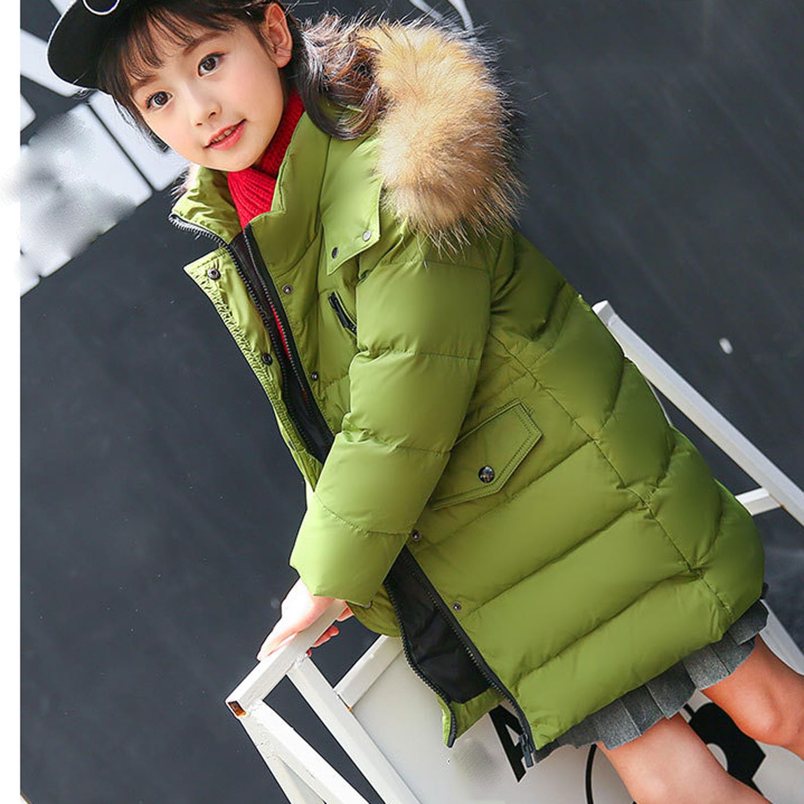 Chaquetas de plumón para niñas, abrigos acolchados gruesos con capucha de piel sintética, resistente al viento, con cremallera, abrigos acolchados versátiles de longitud media para niños de 2