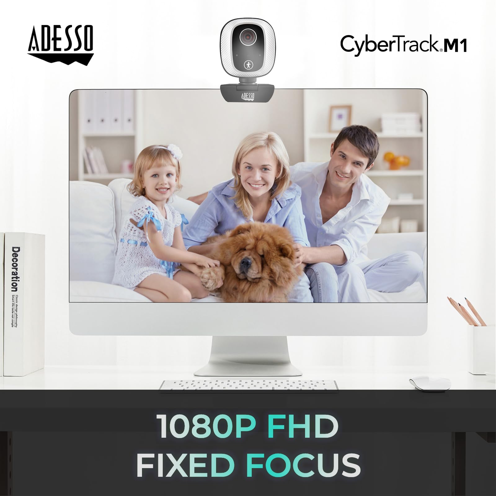 Adesso Motion Tracking 1080P Web Camera CyberTrack M1 H.264 Fixed Focus USB Webcam with 305° Auto Tracking, Built-in Microphone, and Tripod Mount