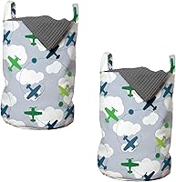 Vista 17 de Lunarable Bolsa de lavandería de tren, patrón de dibujos animados de locomotora dibujada digital con rieles de ferrocarril, cesta con asas, cierre