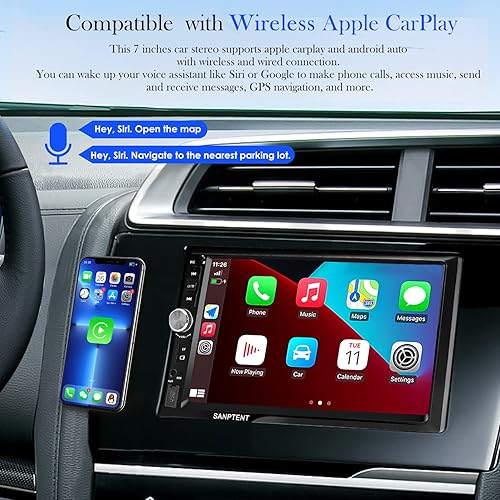 Miniatura 2 de SANPTENT Estéreo de auto doble DIN con Apple CarPlay inalámbrico y Android Auto, receptor de audio para automóvil FHD de 7 pulgadas con cámara