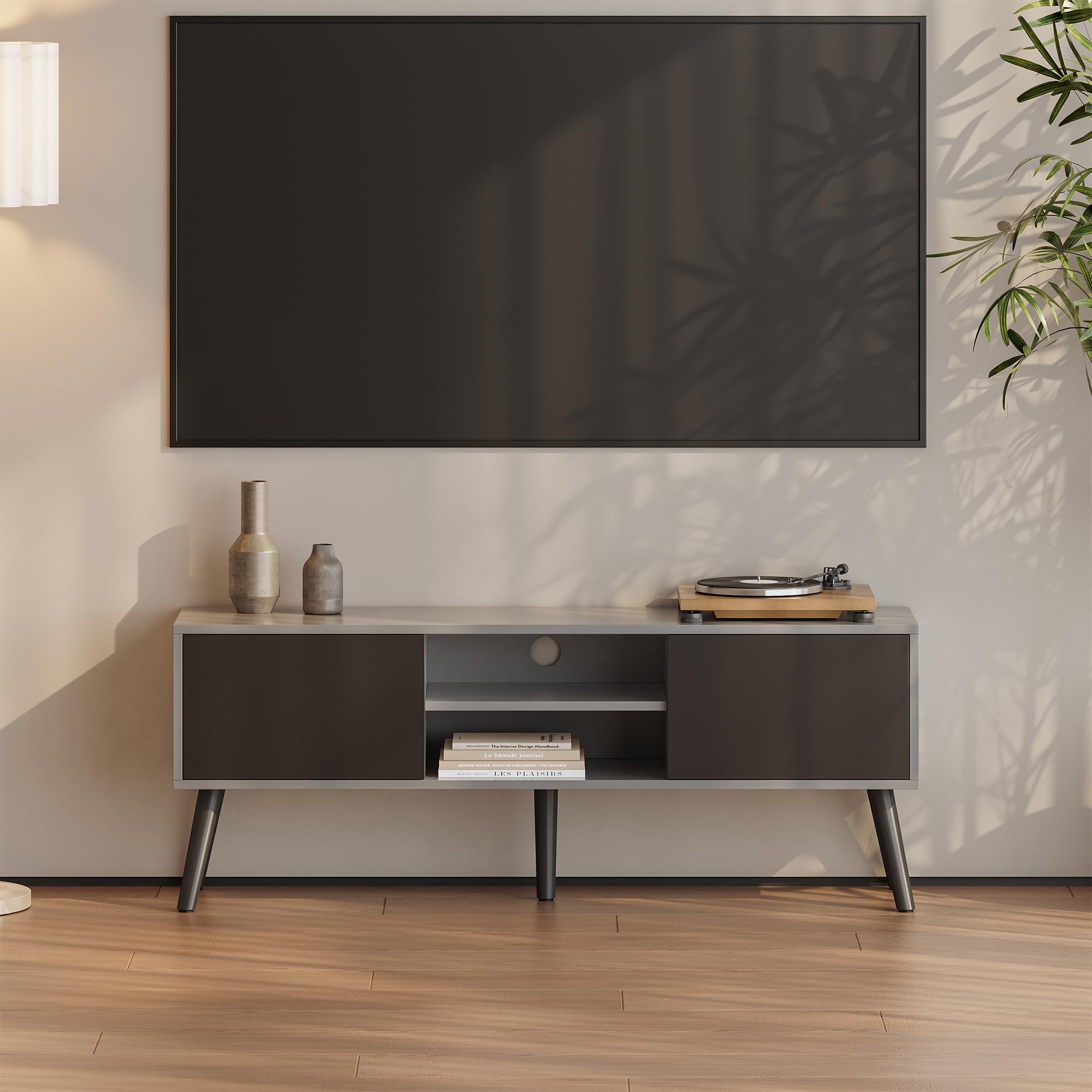 TV Stand Light Grey Black 2 Door Shelf - Dettaglio