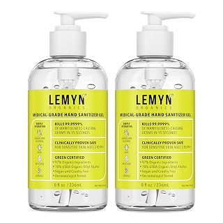 Lemyn Organics Medical‑Grade Hand Sanitizer Gel – 97 % Organic | 70 % USP Ethyl Alcohol | Moisturizing Aloe + Hyaluronic Acid | Freshly Made in USA | 8oz Bottle with Pump (PACK OF 2) - Amazon product rated Grade A