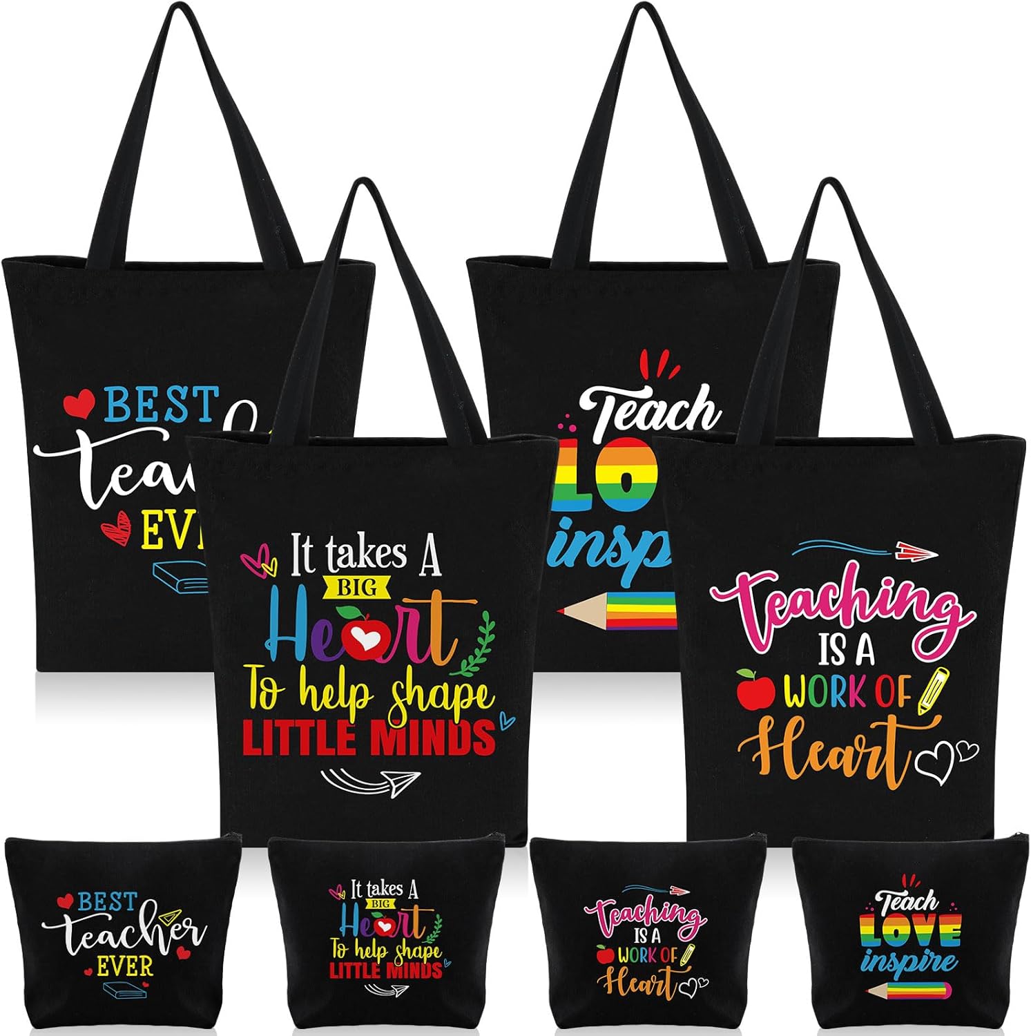 Oudain 8 Pcs Teacher Appreciation Gifts for Women Graduation Gifts Canvas Tote Bag Cosmetic Toiletry Canvas Makeup Bags with Zipper for Teacher Birthday Farewell Parties