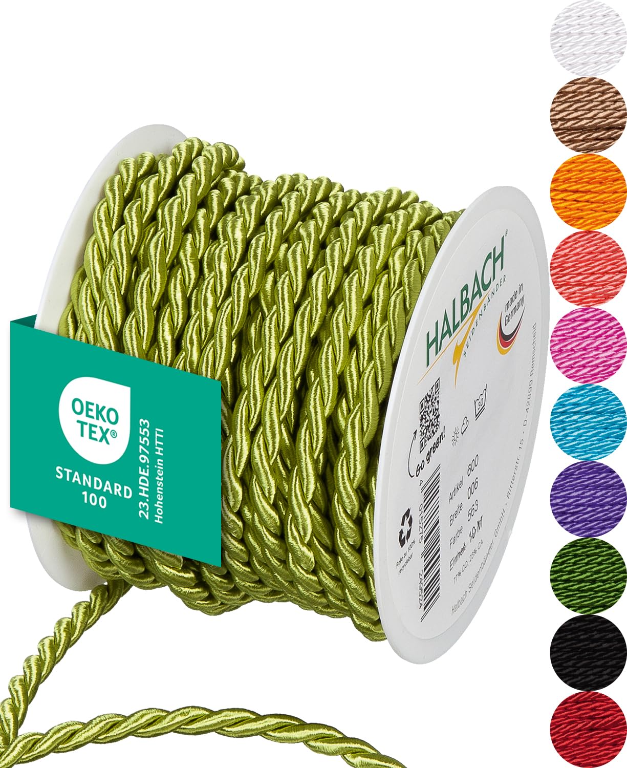 Halbach Seidenbänder Premium Kordel (grün) | Breite 6mm Länge 10m | Made in Germany & Öko-Tex Zertifiziert | glänzende Satinkordel aus Acetat