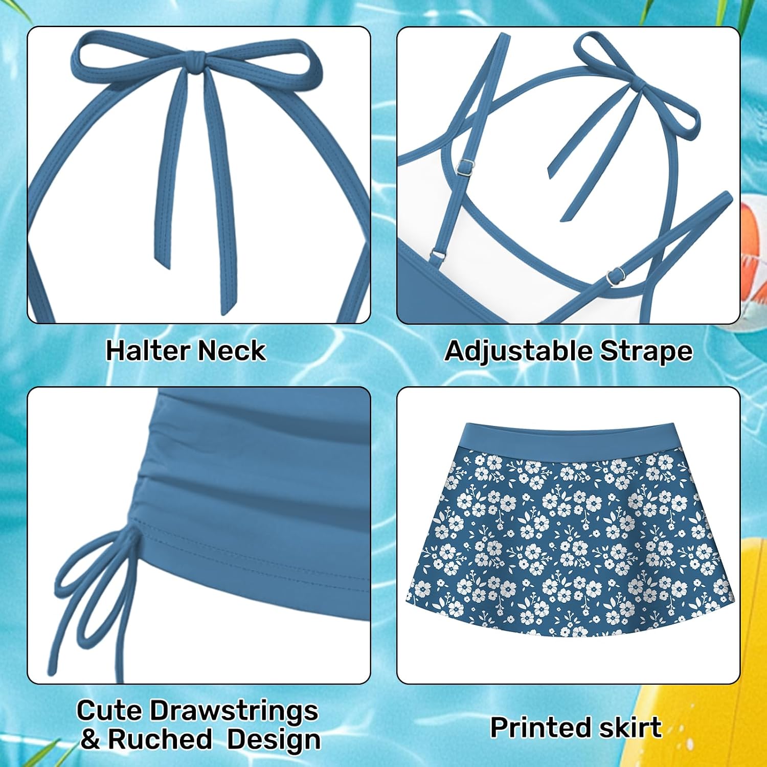 Girls Swimsuit 2 Piece Halterneck Tankini Swimsuits with Printed Skirt Drawstring Bathing Suit for 7-18 Years