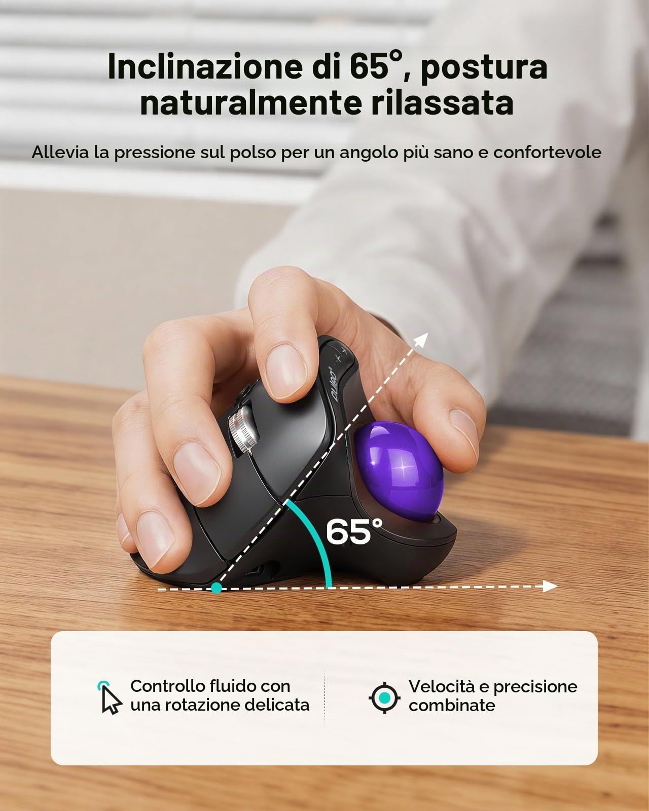 Nulea M514 Trackball Verticale, Ergonomico Wireless a Pollice con Click Silenziosi, Connessione a 3 Dispositivi (Bluetooth & USB), Ricaricabile per PC/Mac/Laptop/Tablet, viola
