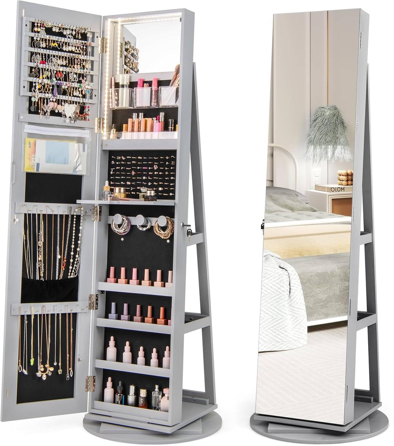 Multigot 3-Color LED Lights Jewellery Cabinet, 3-in-1 360° Swivel Jewelry Armoire with Full-Length Mirror, Lockable Cosmetic Storage Organizer for Dressing Room Living Room Bedroom (Grey)