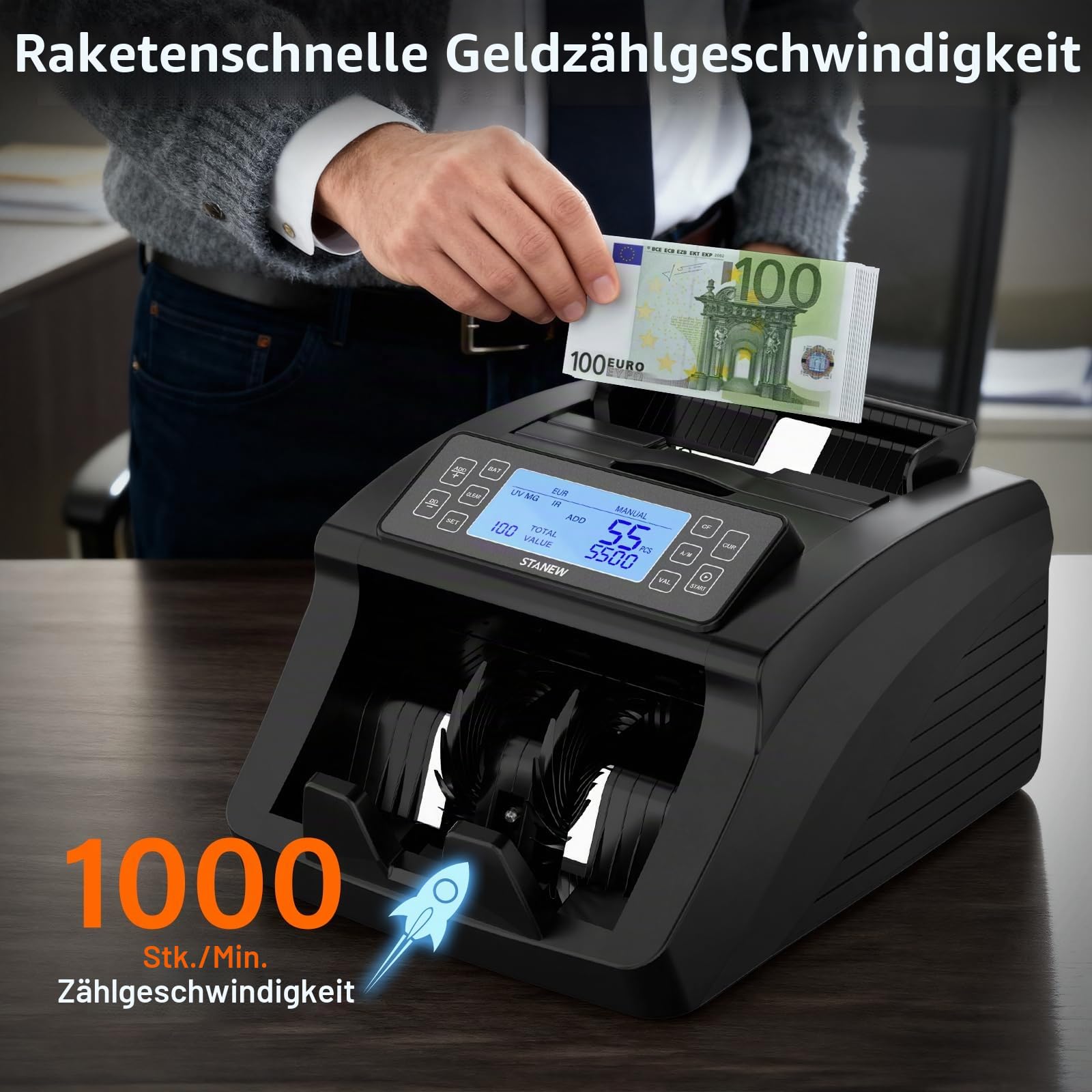 Geldzählmaschine,Zählmodi nach Bündel und Schnitten, professioneller Geldscheinzähler Euro, STANEW,UV/MG/IR, Geschwindigkeit >1000 Stück/min, EUR/USD/GBP, tragbarer Geldzähler mit Affich