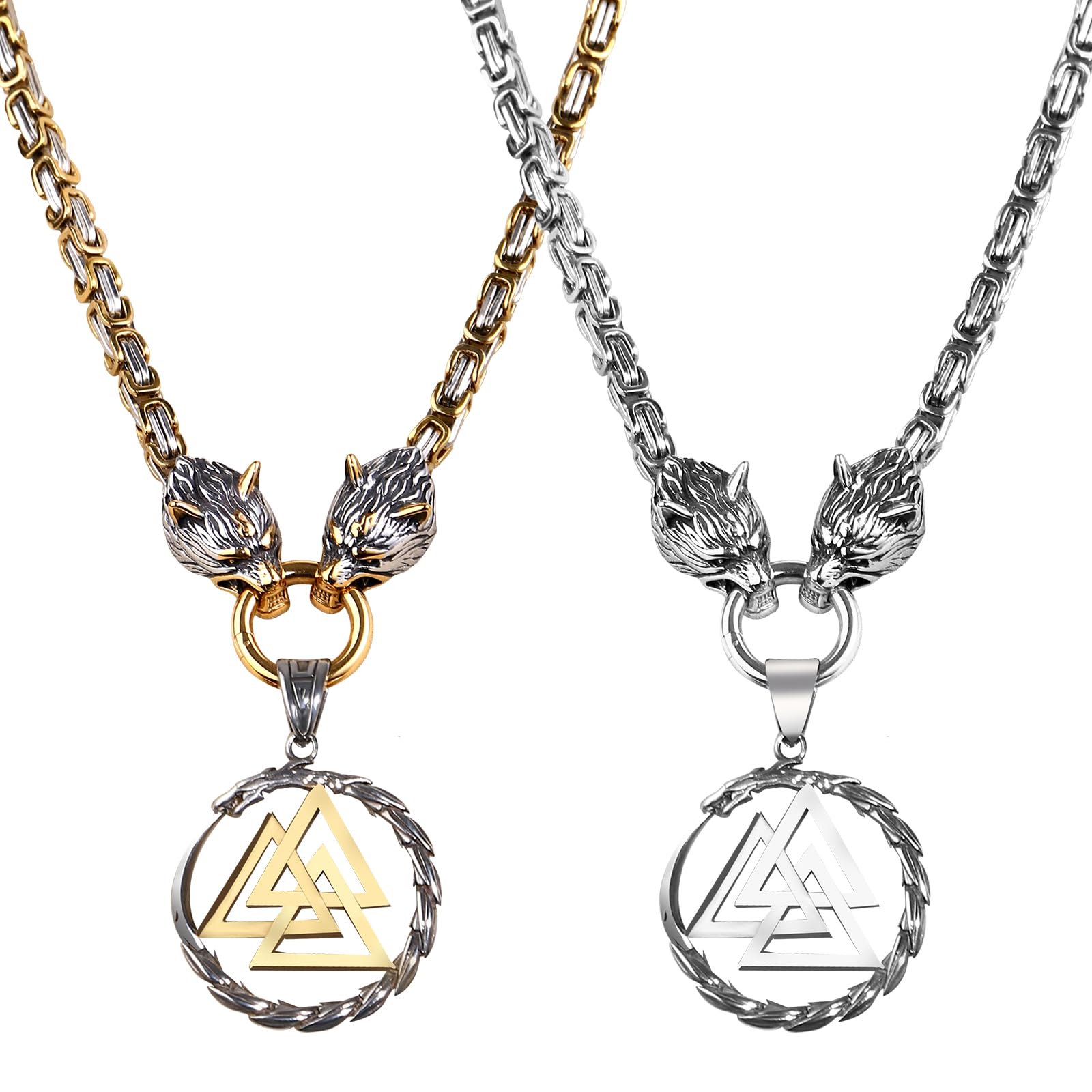 JewelryWe Wikinger Wolf Halskette Herren Wolfskopf Valknut Thors Hammer Anhänger mit Königskette Mjolnir Edelstahl Kette Nordische Mythologie Amulett Schmuck für Männer