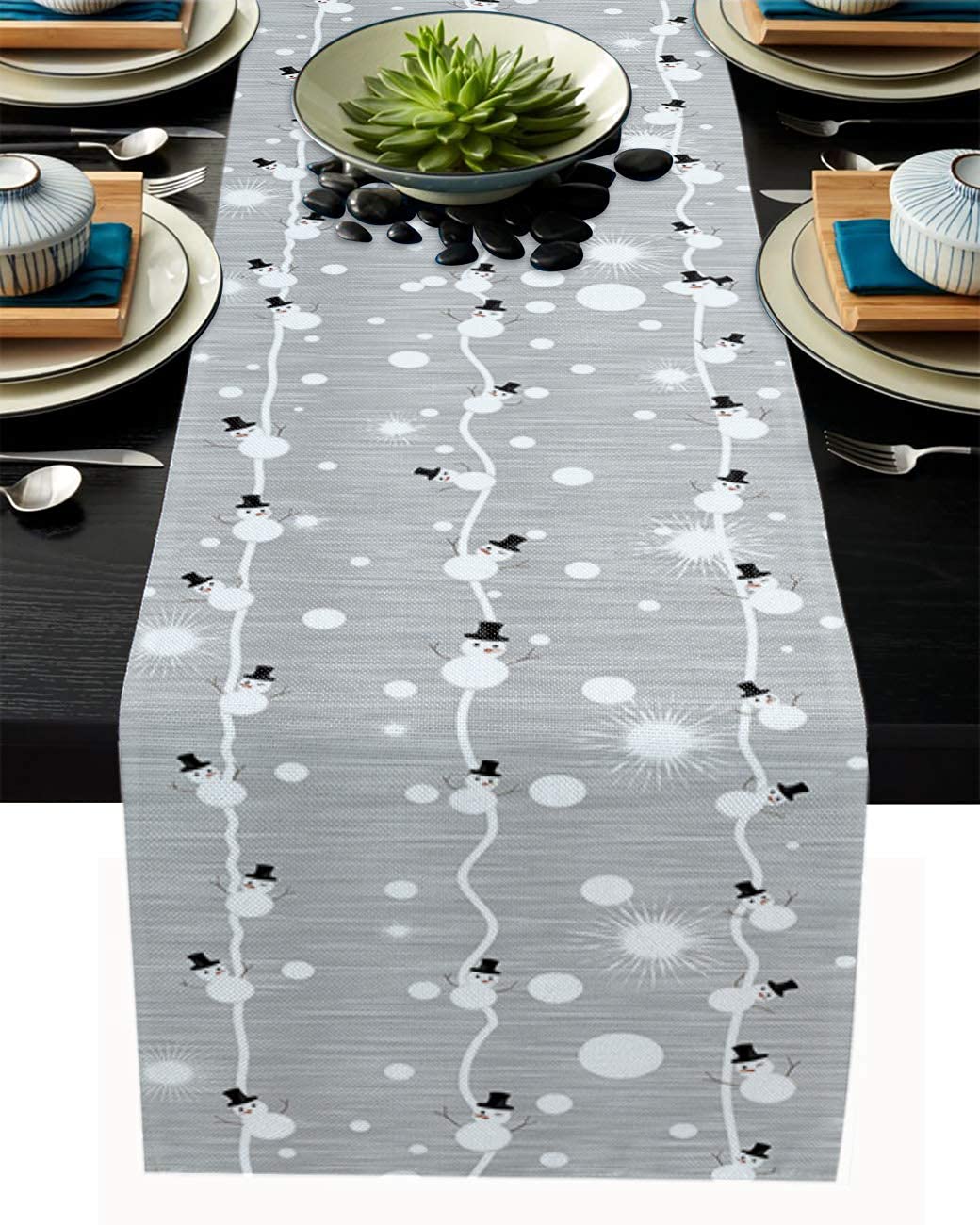 Christmas Table Runner-Cotton Linen-Long 90 Inch Holiday Snowman Snowflake Dresser Scarves,Farmhouse Xmas Tablerunner for Kitchen Coffee/Dining Bedroom Home Living Room,Winter Dinner Scarf Décor