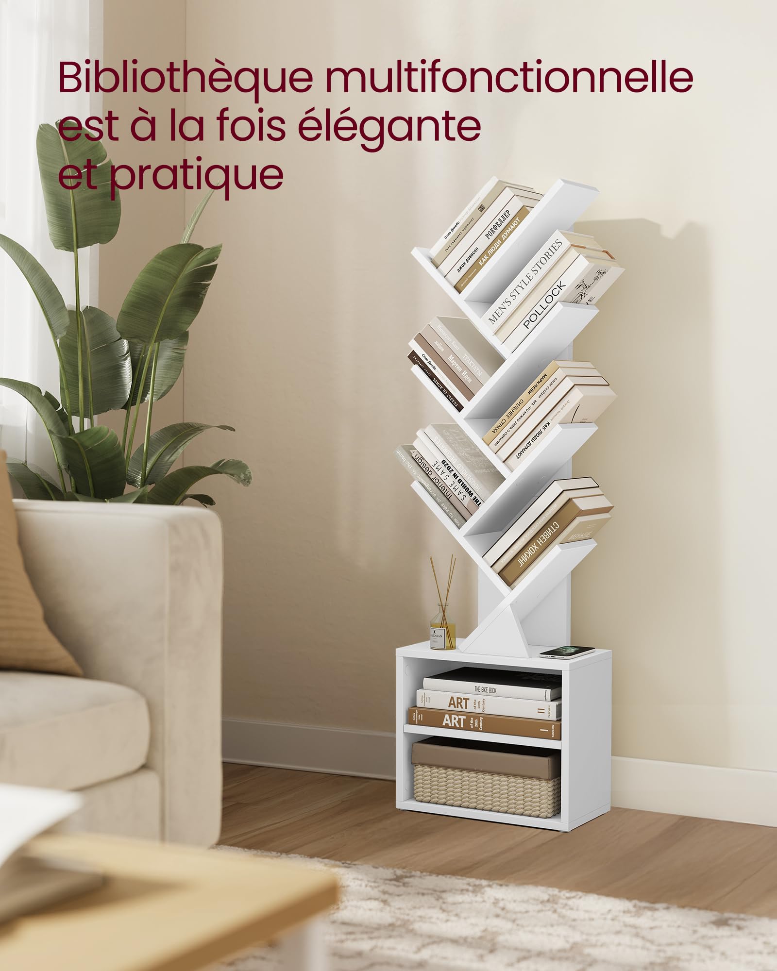 VASAGLE Custos Collection - Bibliothèque Arbre, Bibliothèque Moderne sur Pied, pour Chambre, Salon, Bureau, avec 2 Compartiments, 20,3 x 38 x 123,2 cm, Blanc Nuage LBC607WB01