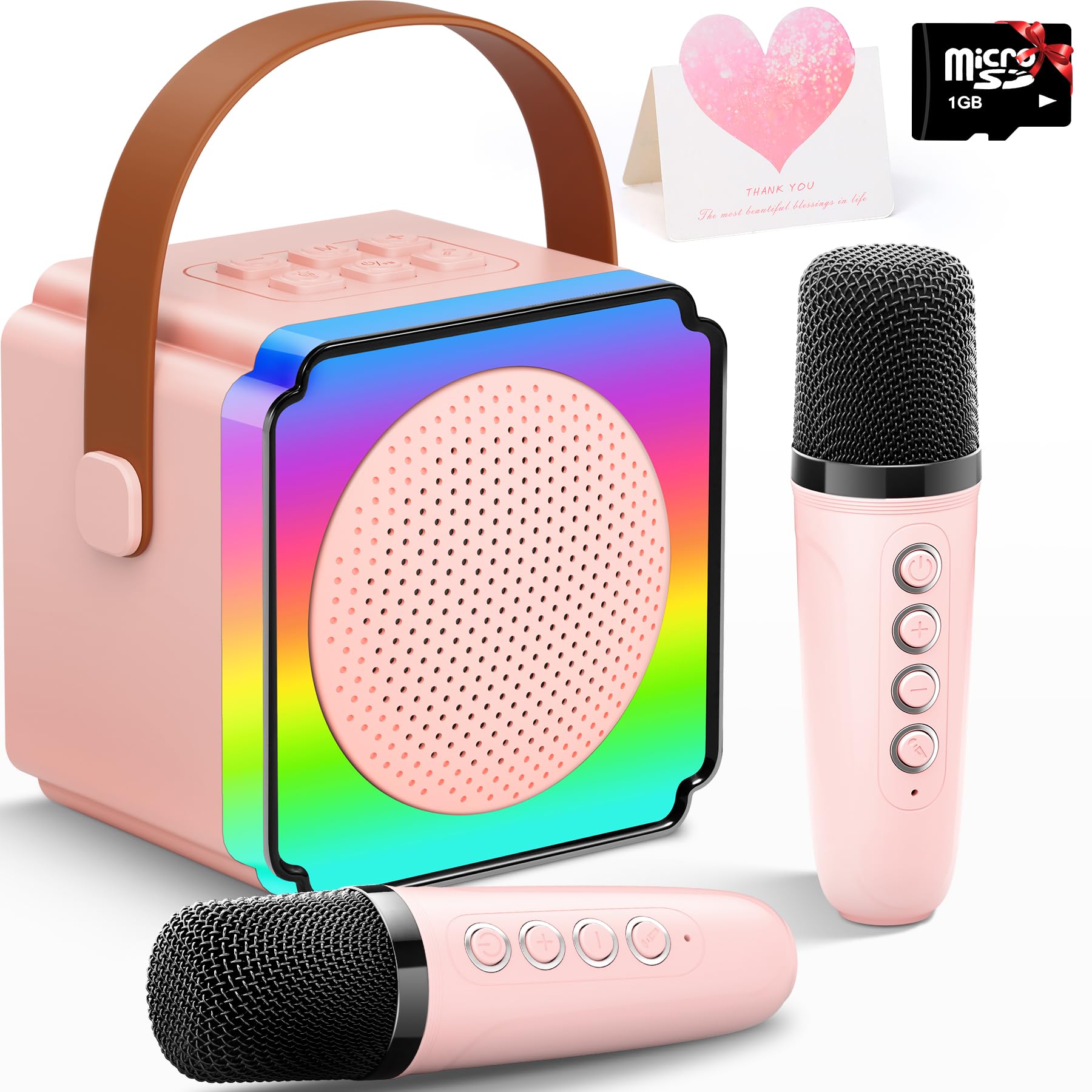 Gontence Juguetes Karaoke para Niños con 2 Micrófonos, Tarjeta de Regalo, Tarjeta TF, Luces LED, Efectos de Cambio de Voz, Karaoke Regalos para Adultos, Niña Niño 4, 5, 6, 7, 8 Años