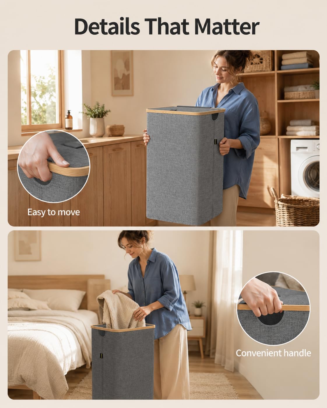 Chicbliss Laundry Hamper with Lid, Tall Laundry Baskets with Bamboo Pull Handles, Large Laundry Bin with Internal Support (26 Gal/100L, Grey)