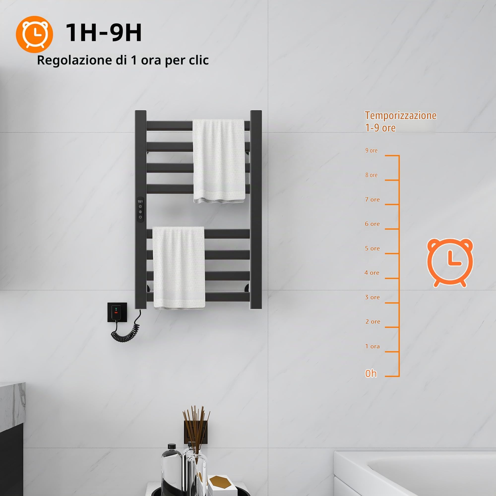 Portasciugamani Elettrico 450x700mm Scaldasalviette Radiatore da Bagno Elettrico Portasciugamani intelligente Termosifone Asciugabiancheria, riscaldamento in fibra di carbonio, antracite-Black Left