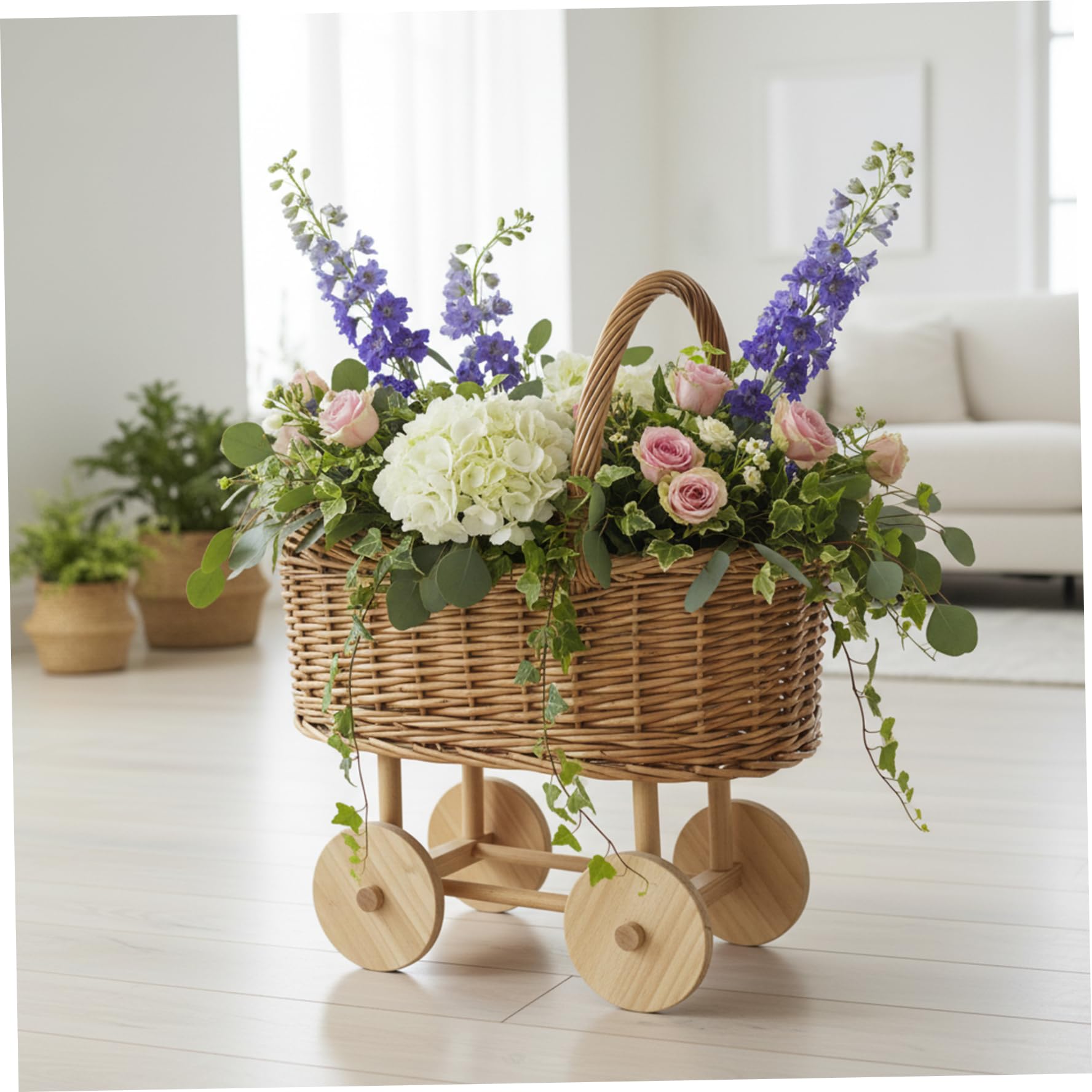 Puppenwagen aus Weide im Vintage-Stil – ideal für Babypartys Kinderzimmer Blumenarrangements und zur Aufbewahrung im Haushalt.