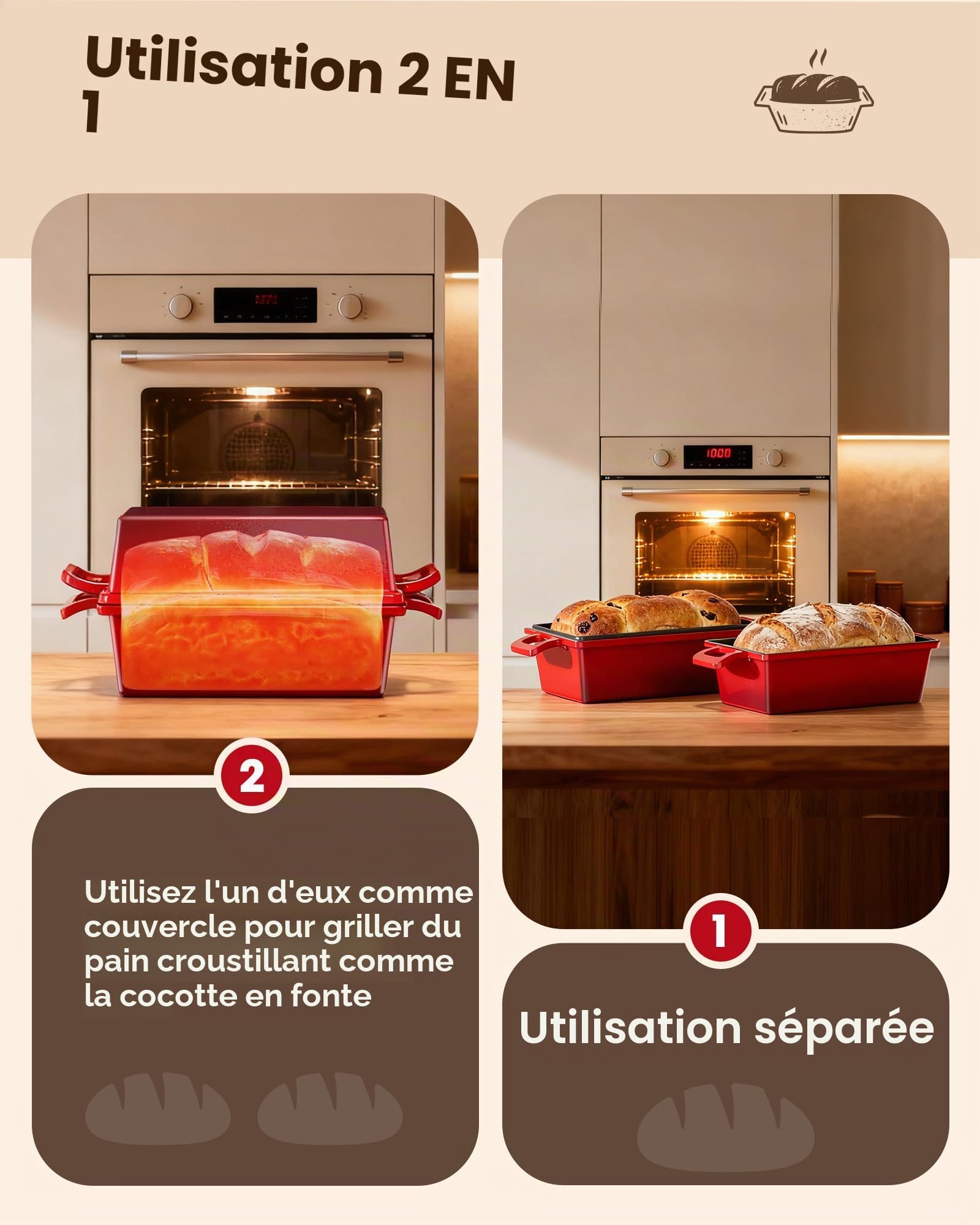 iHomara Moule à pain avec couvercle, 21 cm casserole en fonte pour cuire la pâte, 2-en-1 plaque ou récipient, allant au four