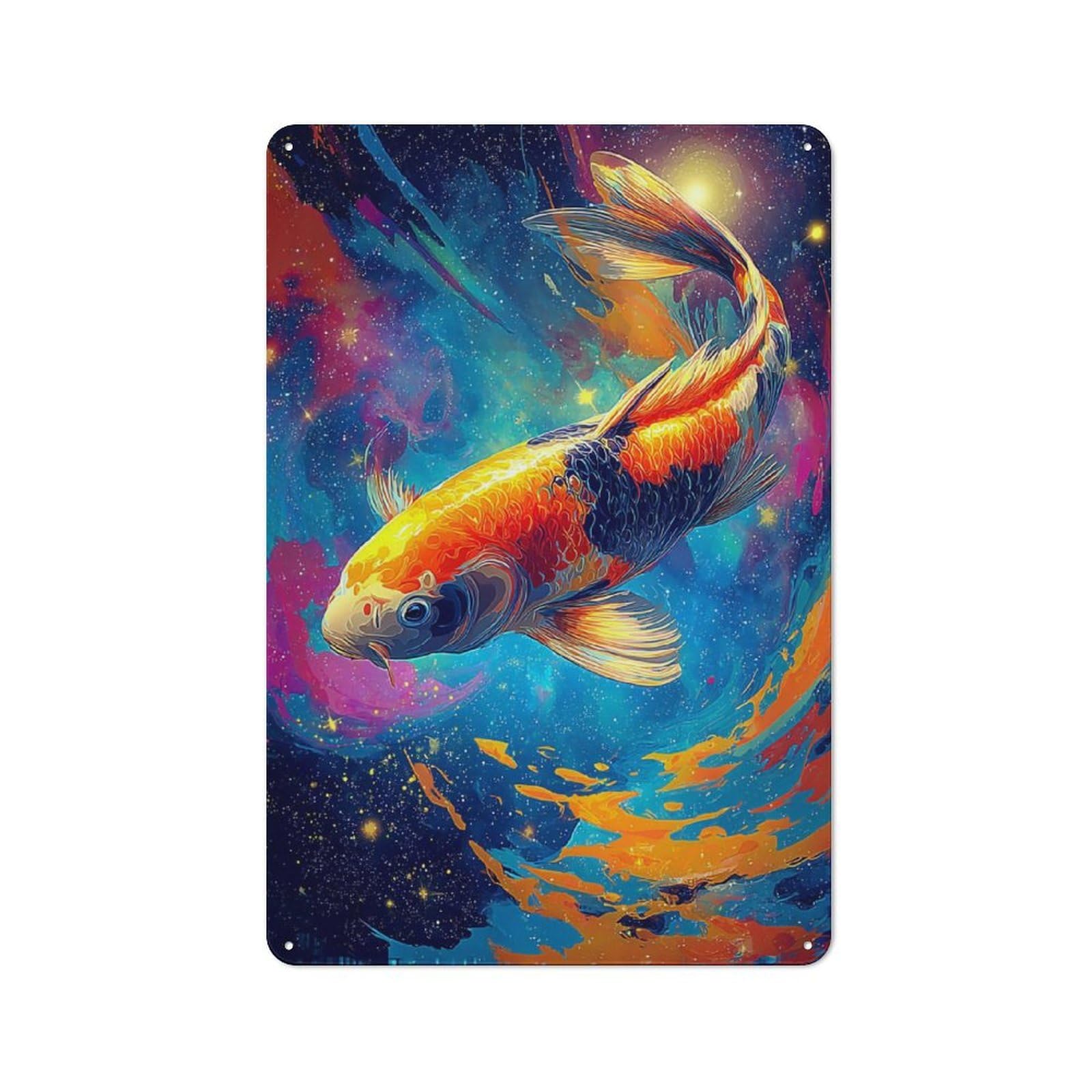 Junmoney Colorful Koi In Cosmic Waters Tin Wall Plaque 30X20cm With For Workshop Wall, Suited To Makers And Diy Enthusiasts