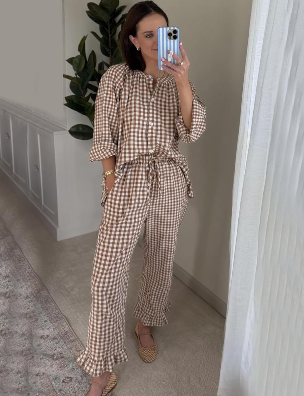 Flygo Womens Plaid Pajamas Sets 2 Piece Cotton Pj Set Puff Sleeve Ruffle Babydoll Shirt Gingham Pants Lounge Sets - Image 4