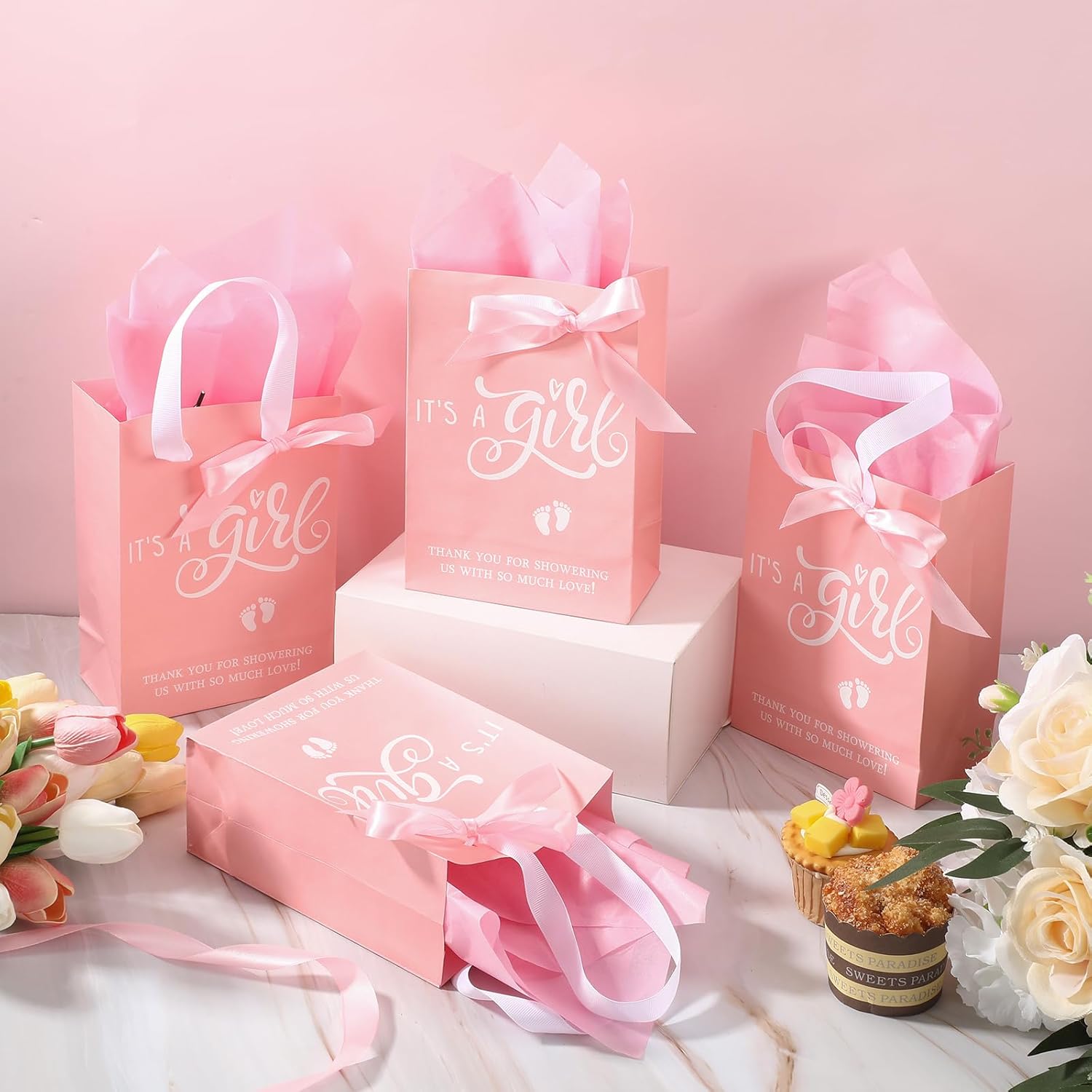 Qilery 50 Sets 8" Baby Shower Favor Bags It's a Girl Gift Bags with Handle Tissue Paper and Ribbon Bow Pink Baby Shower Party Favors for Guests Gender Reveal Birthday Supplies