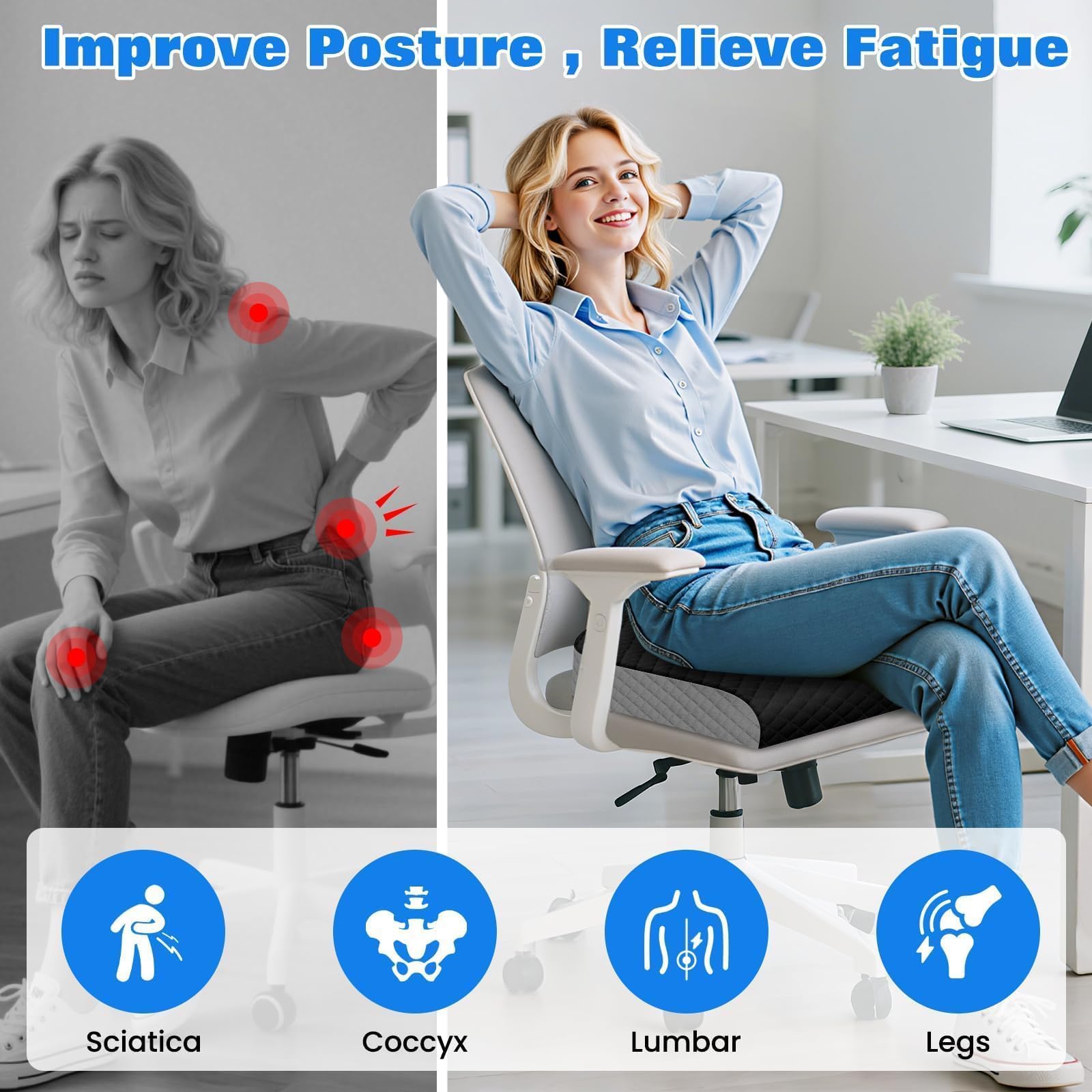 Seat Cushion Memory Foam Chair Pad Non-Slip Cushion for Office Home Car Large Desk Chair Cushion Washable Cover — view 6