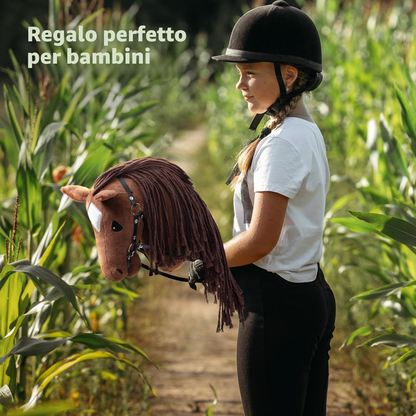 BEJOYCavallo in legno, peluche, per equitazione, per bambini, con cavezza e corda, marrone scuro