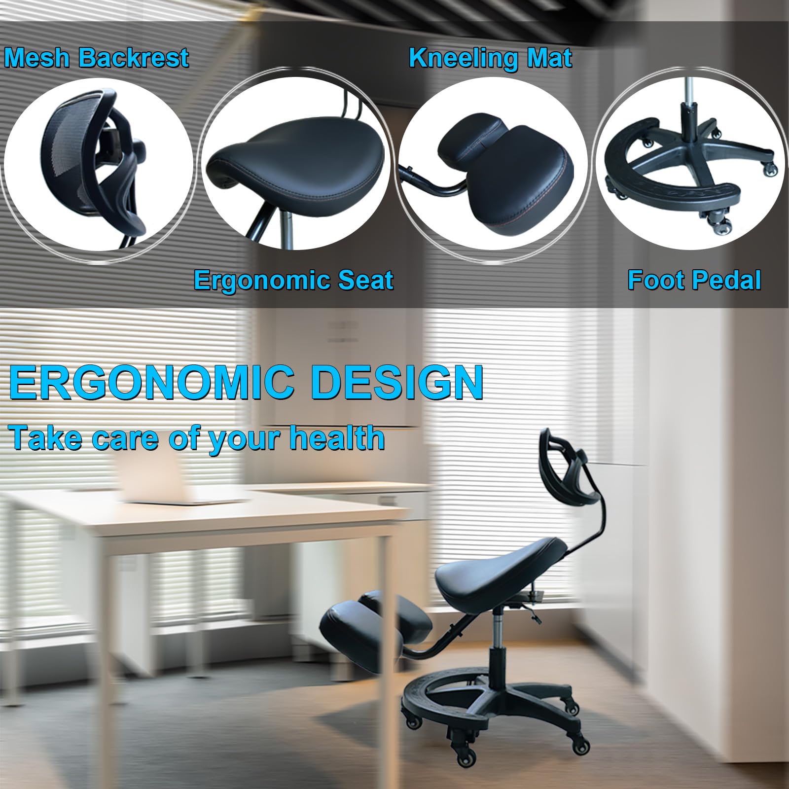 ZZYY Chaise Ergonomique À Genoux, Siège De Posture À Hauteur Réglable, Chaise De Bureau avec Roues Pivotantes 360, Chaise De Bureau À Genoux D'ordinateur Mobile