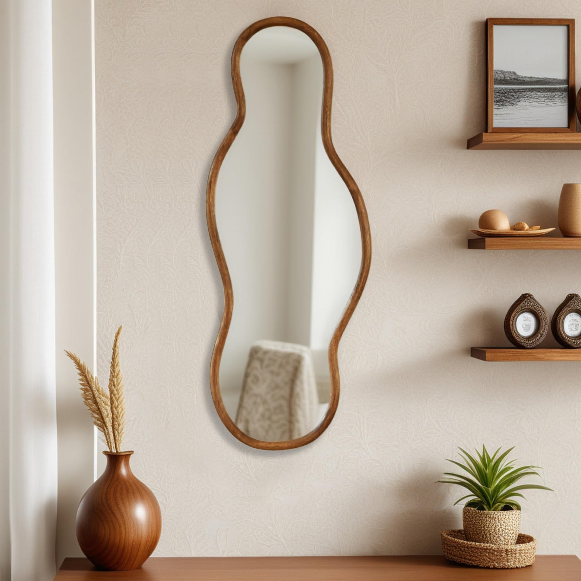 Espejos asimétricos, 105 × 40 cm Espejo de Pared Irregular, Espejo de Cuerpo Entero con Marco de Madera, Espejos en Forma de Nubes Decoración de Salones, Habitaciones, pasillos (105×40cm)