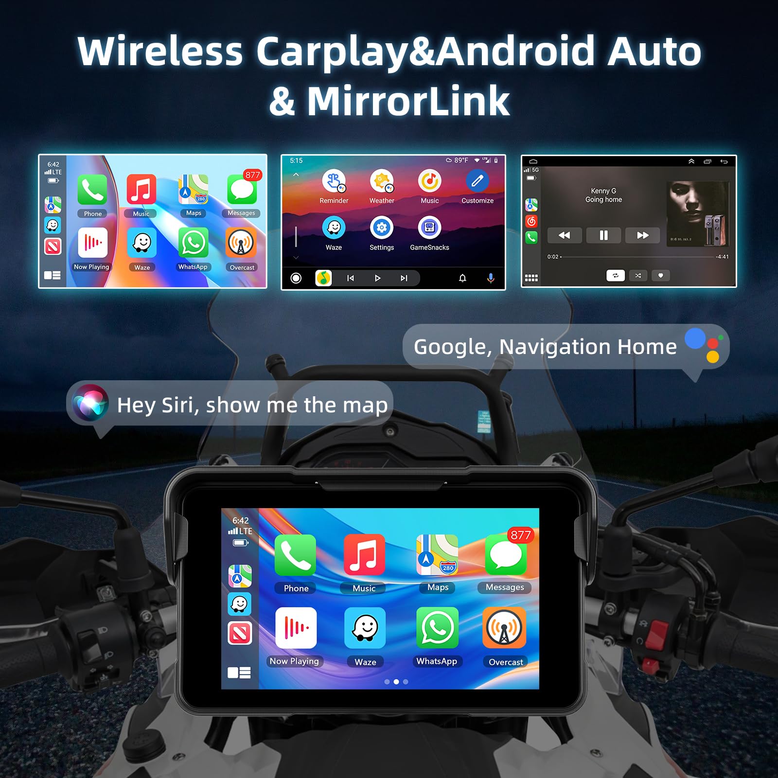 Motorrad Carplay Bildschirm mit Navigation, Tragbarer 5 Zoll Wasserdichter Touchscreen mit Kabelloses CarPlay und Android Auto Motorrad, Bluetooth, EQ, Kalibrierung Berühren