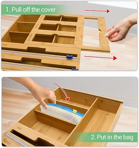 Miniatura 6 de Organizador de bolsas de plástico 7 en 1 con dispensador de papel de aluminio y envoltura Saran con cortador y estante holgado para cajón de cocina,