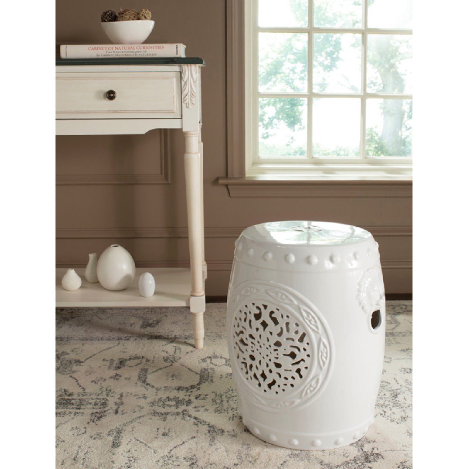 Orange Ceramic Garden Stool - 15" X 15" X 17", Flower Drum Design, All-Weather Decor